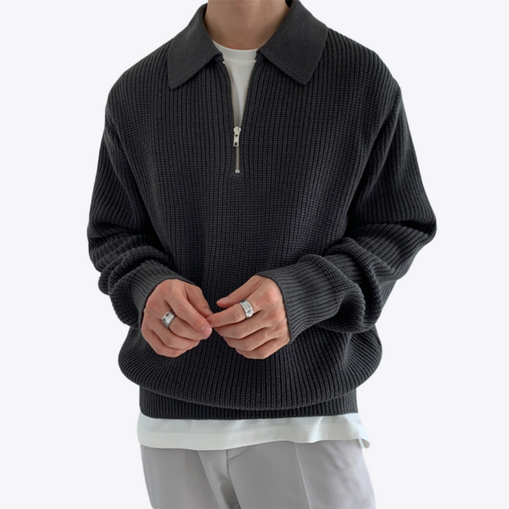 Unisex ribbed quarter-zip jumper with collar and long sleeves
