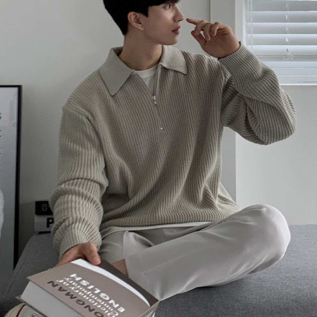 Unisex ribbed quarter-zip jumper with collar and long sleeves