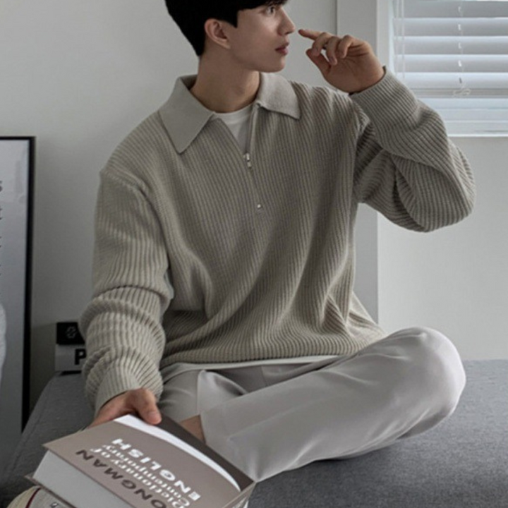 Unisex ribbed quarter-zip jumper with collar and long sleeves
