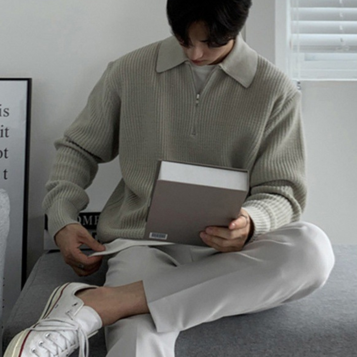 Unisex ribbed quarter-zip jumper with collar and long sleeves