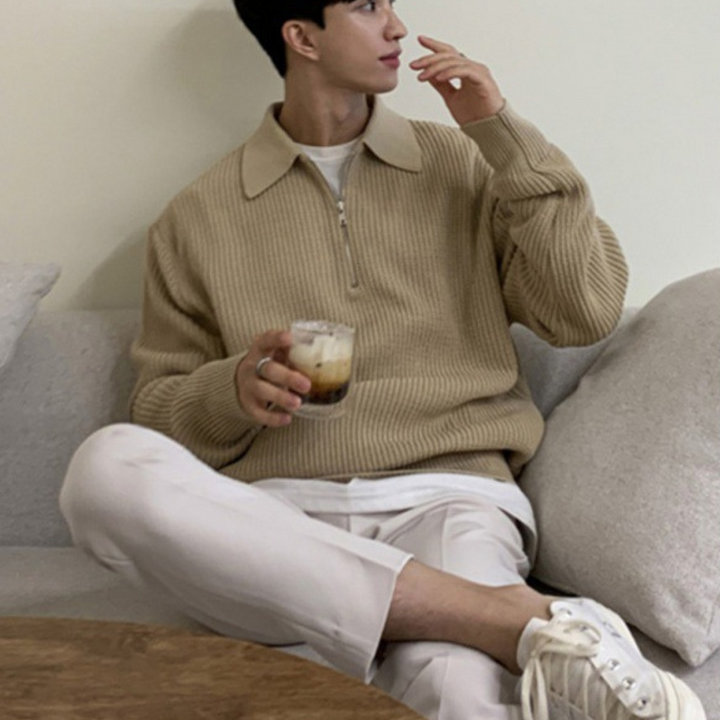 Unisex ribbed quarter-zip jumper with collar and long sleeves