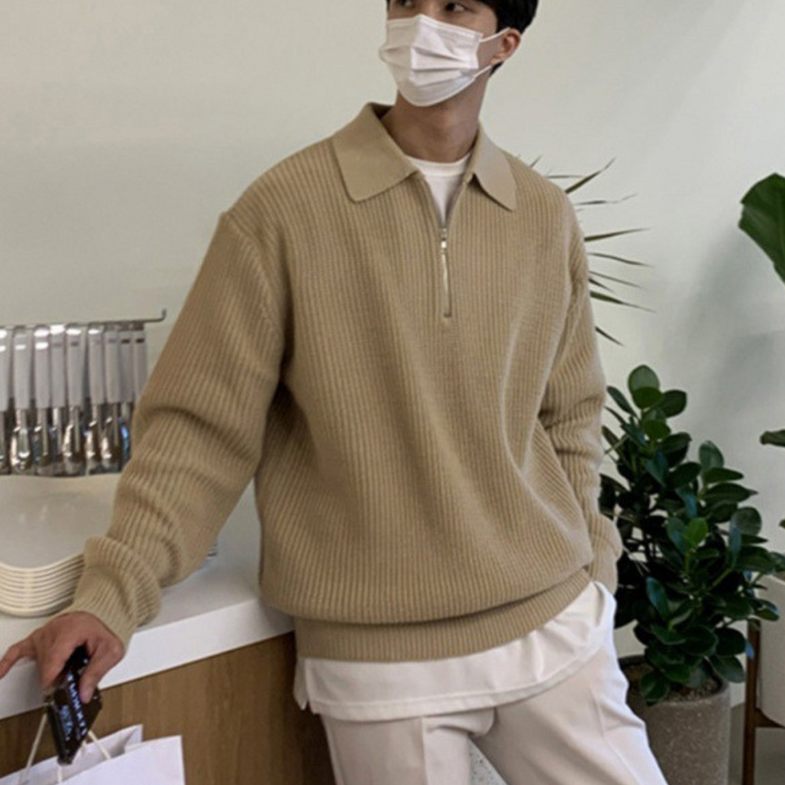 Unisex ribbed quarter-zip jumper with collar and long sleeves
