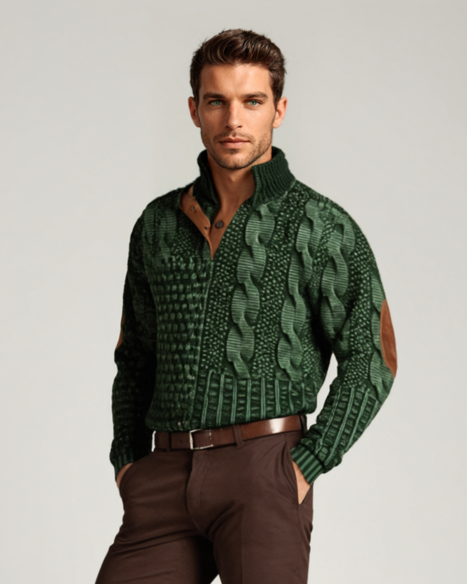 Men's textured knit jumper with high collar, button placket and contrast elbow patches