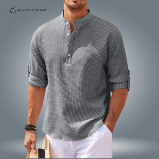 Men's textured shirt with mandarin collar, button placket and roll-up sleeves