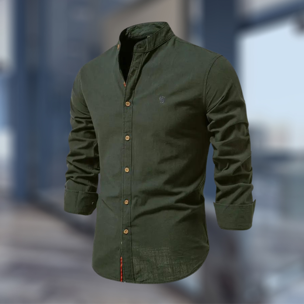 Men's long sleeve Mandarin collar shirt with button front and curved hem