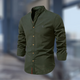 Men's long sleeve Mandarin collar shirt with button front and curved hem