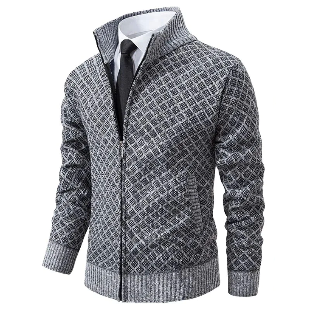 Men's geometric patterned zip-up sweater with mock neck and ribbed trims
