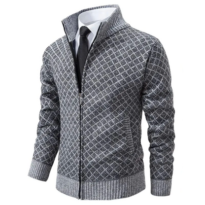 Men's geometric patterned zip-up sweater with mock neck and ribbed trims