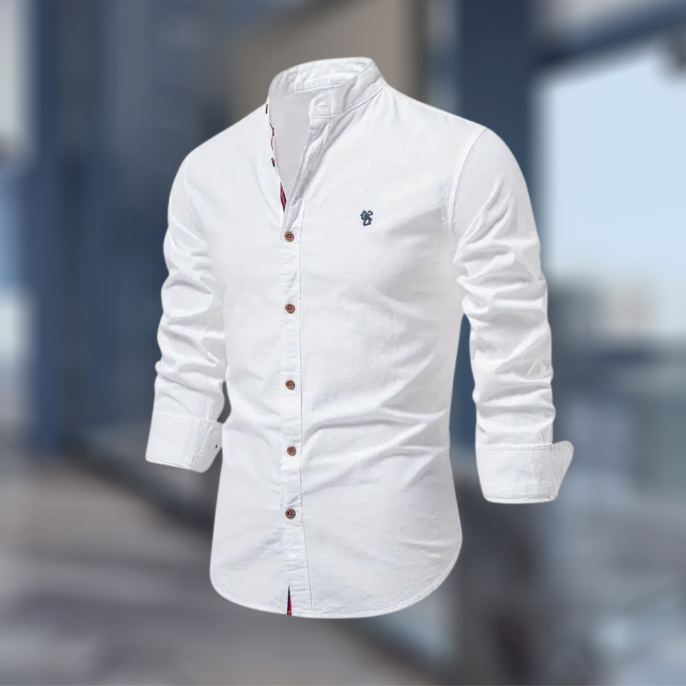 Men's long sleeve Mandarin collar shirt with button front and curved hem