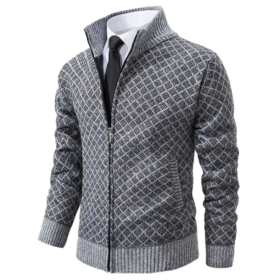 Men's textured geometric cardigan with mock neck and front zip