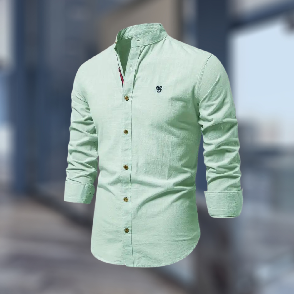 Men's long sleeve Mandarin collar shirt with button front and curved hem