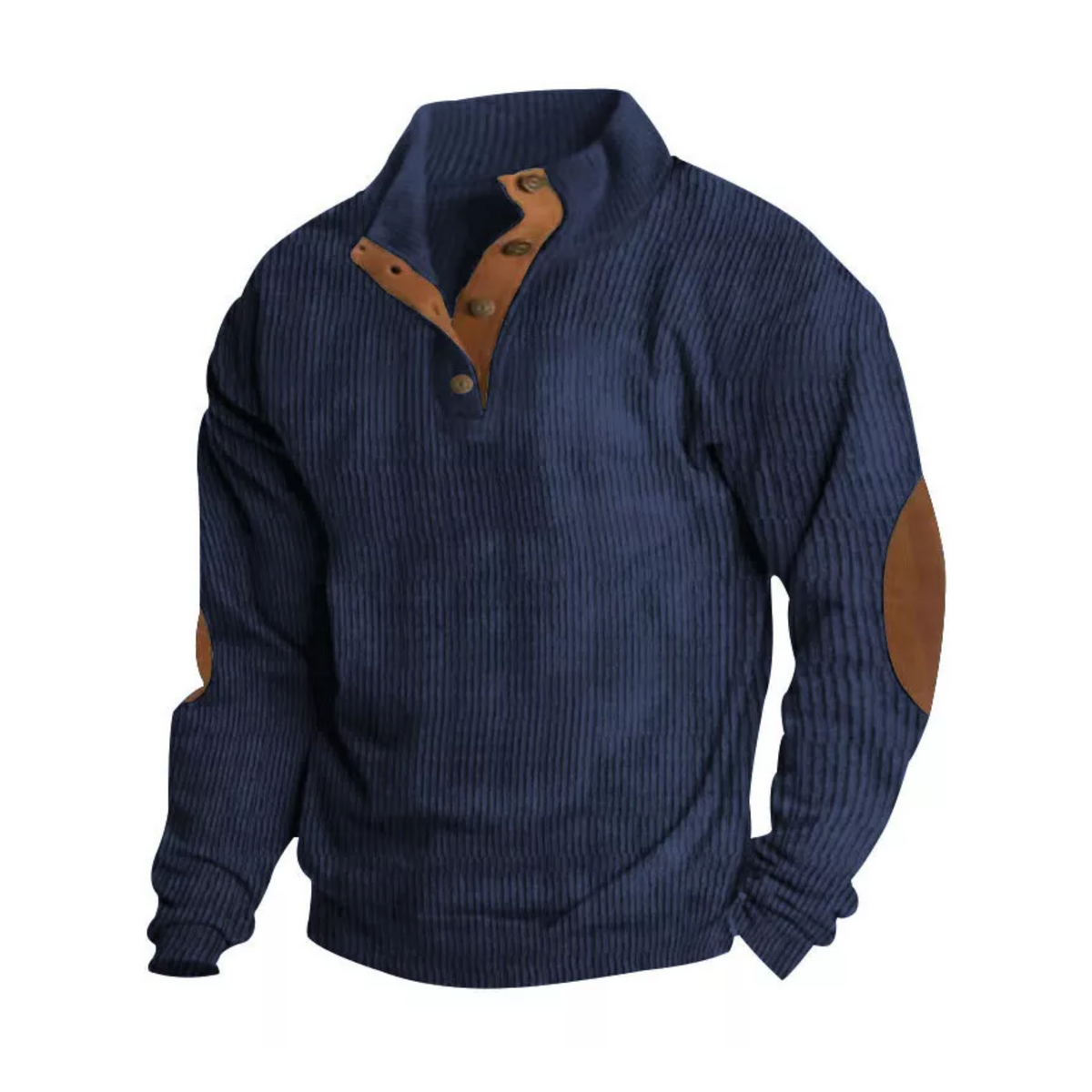 Men's ribbed jumper with stand collar, button placket and contrast elbow patches