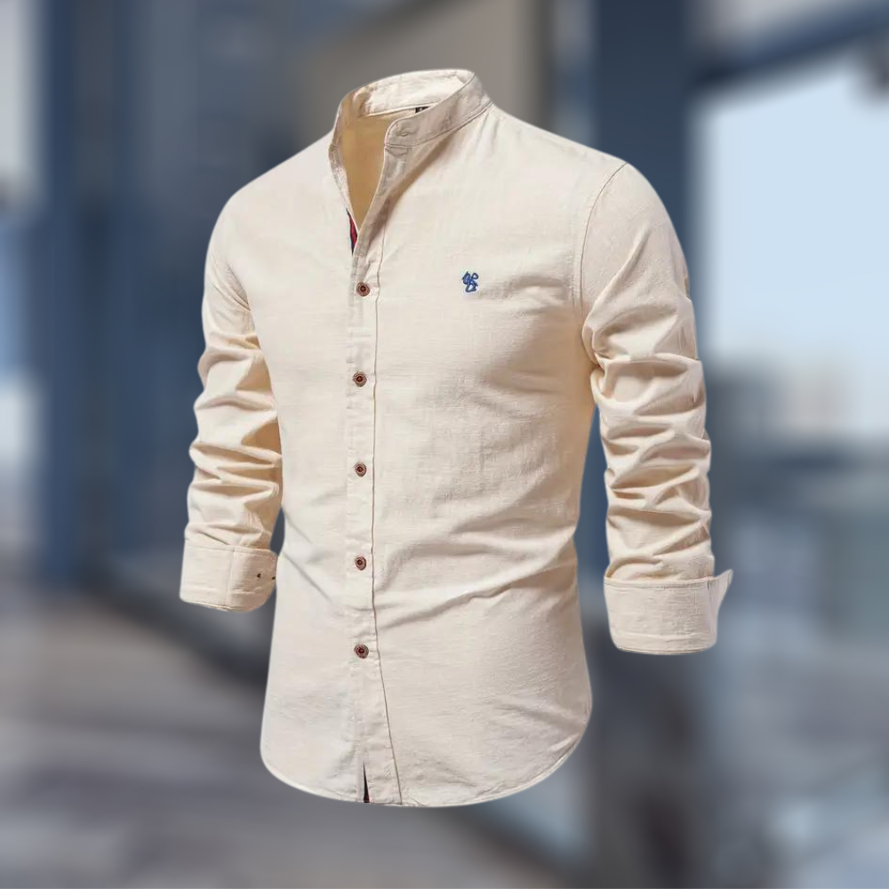 Men's long sleeve Mandarin collar shirt with button front and curved hem