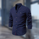 Men's long sleeve Mandarin collar shirt with button front and curved hem