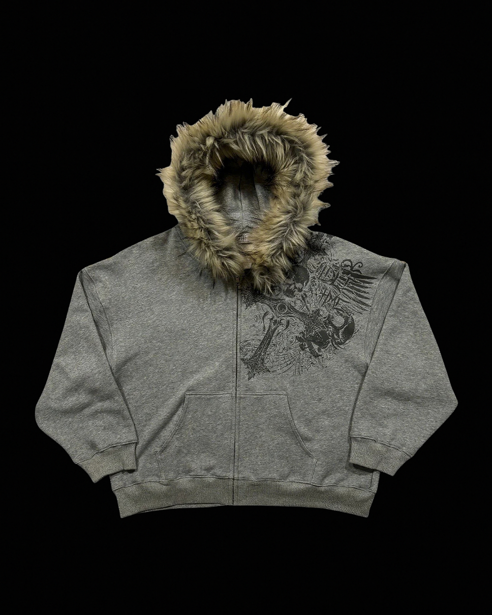 Unisex hooded zip hoodie with fur-trimmed hood and graphic chest print