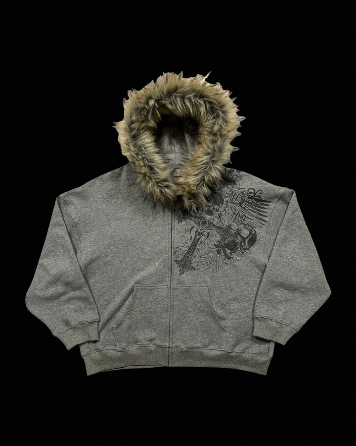 Unisex hooded zip hoodie with fur-trimmed hood and graphic chest print