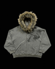 Unisex hooded zip hoodie with fur-trimmed hood and graphic chest print