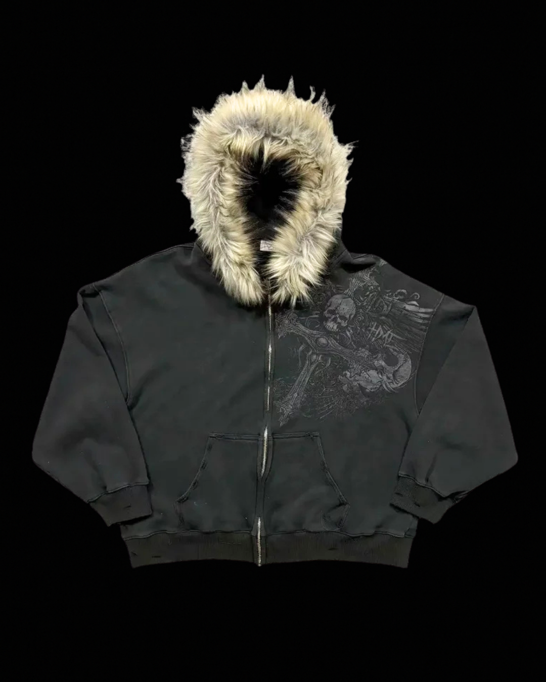Unisex hooded zip hoodie with fur-trimmed hood and graphic chest print