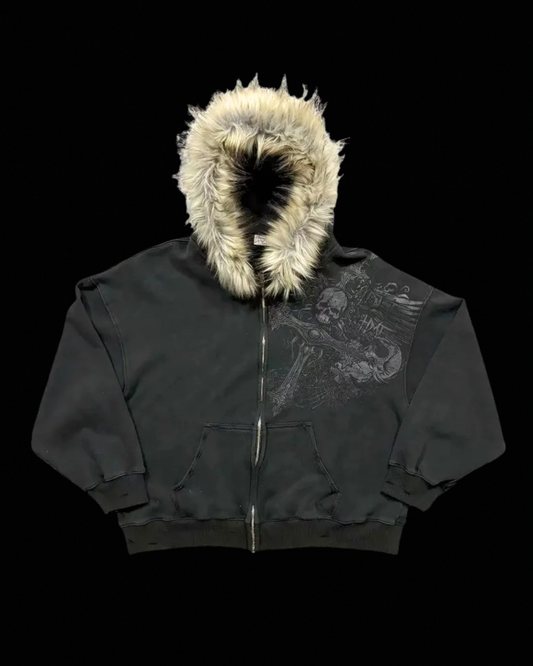 Unisex hooded zip hoodie with fur-trimmed hood and graphic chest print