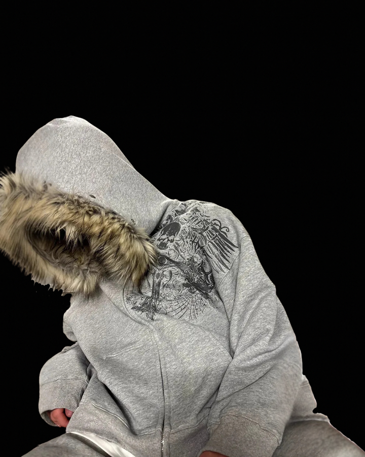 Unisex hooded zip hoodie with fur-trimmed hood and graphic chest print