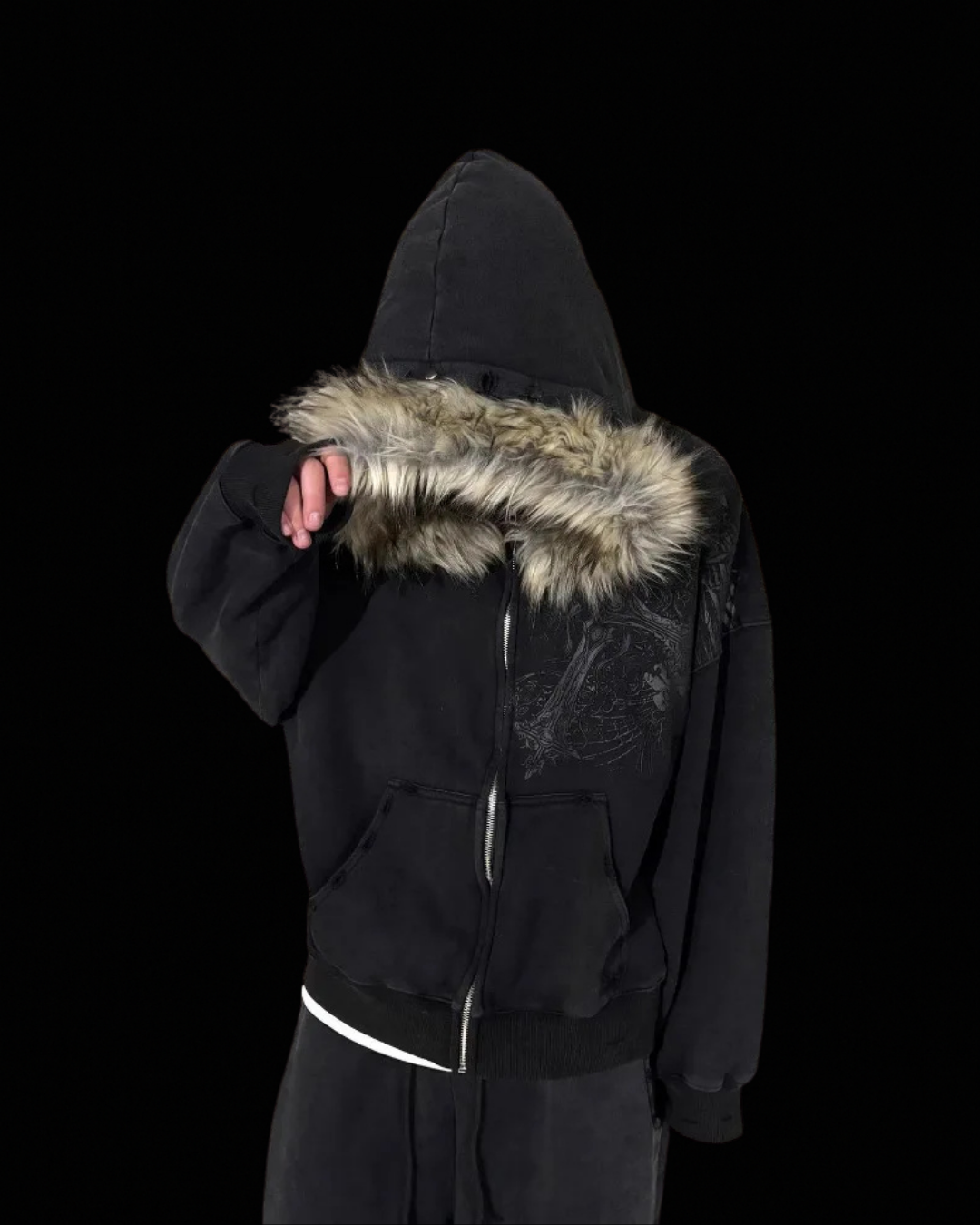 Unisex hooded zip hoodie with fur-trimmed hood and graphic chest print