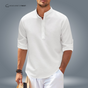 Men's textured shirt with mandarin collar, button placket and roll-up sleeves