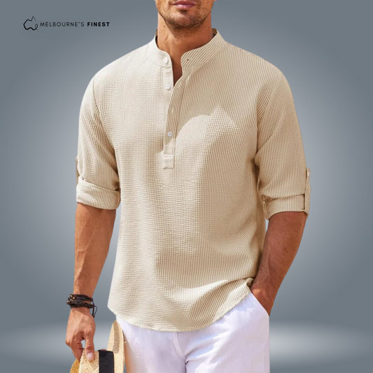 Men's textured shirt with mandarin collar, button placket and roll-up sleeves