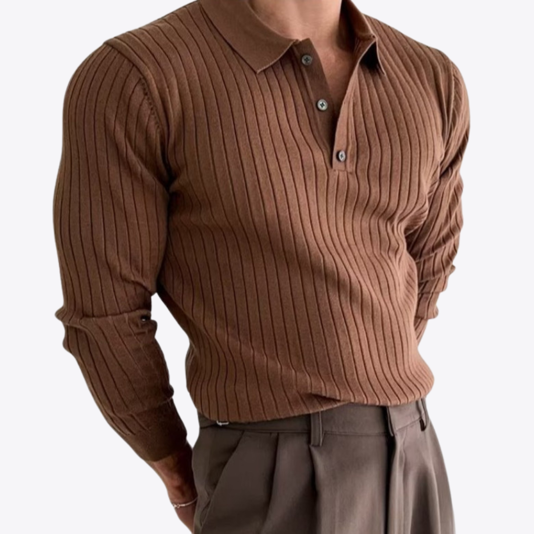 Men's ribbed long-sleeve polo sweater with collared neckline and button placket