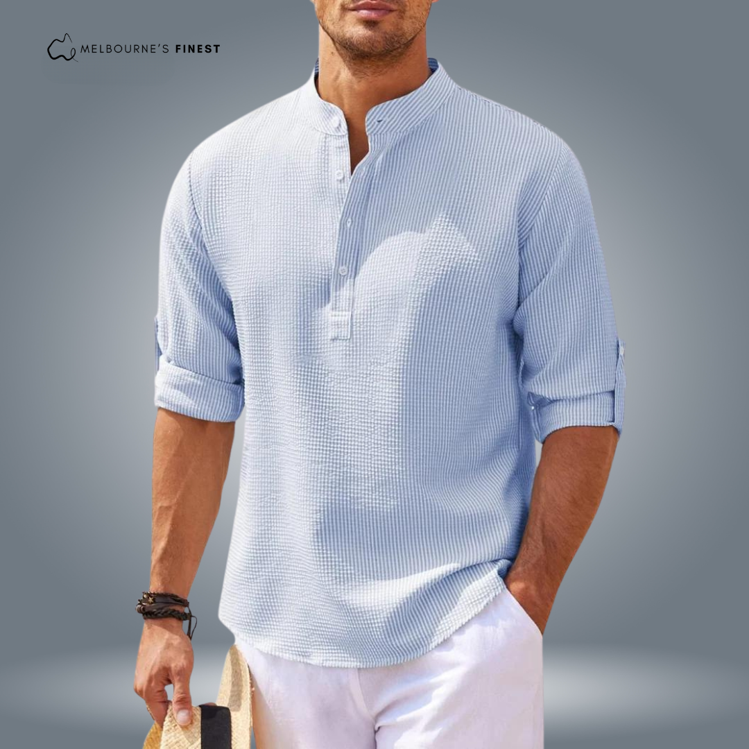 Men's textured shirt with mandarin collar, button placket and roll-up sleeves