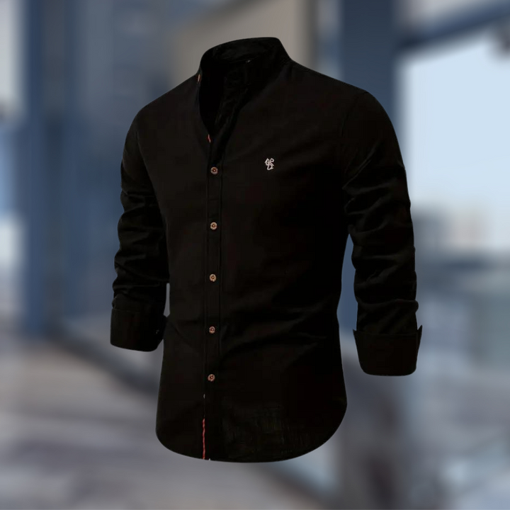 Men's long sleeve Mandarin collar shirt with button front and curved hem