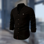 Men's long sleeve Mandarin collar shirt with button front and curved hem