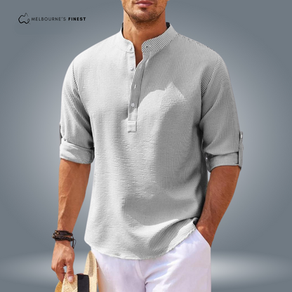 Men's textured shirt with mandarin collar, button placket and roll-up sleeves