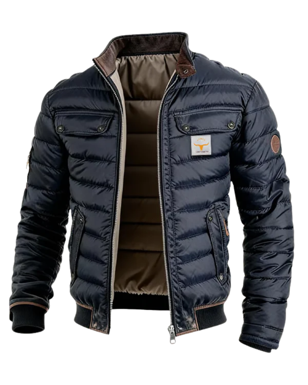 Men's navy quilted padded jacket with stand collar and zip pockets