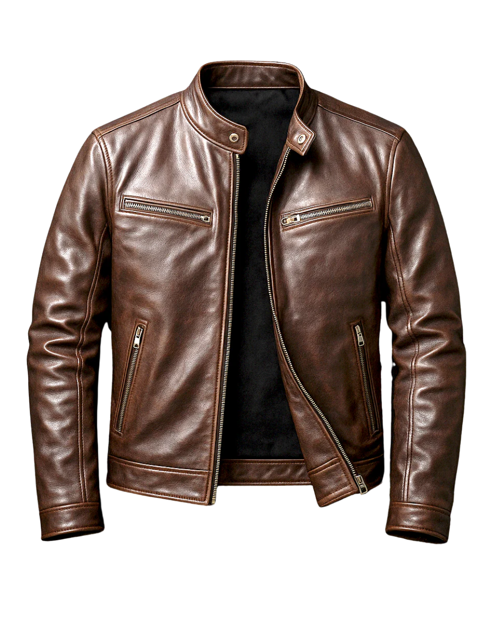 Men's leather jacket with stand collar and multiple zip pockets