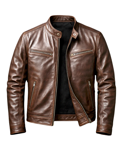 Men's leather jacket with stand collar and multiple zip pockets