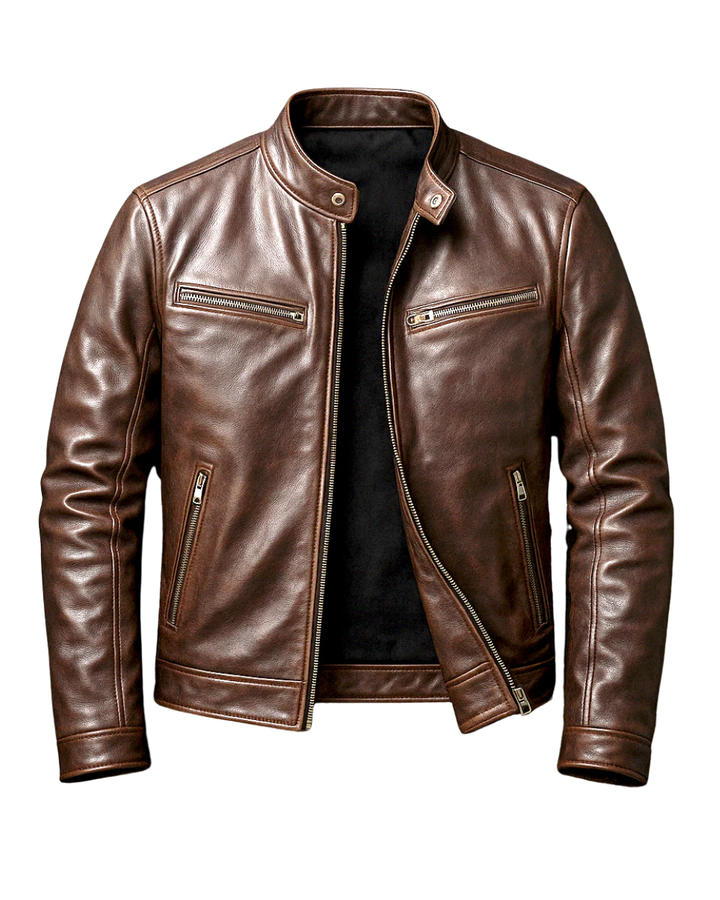 Men's leather jacket with stand collar and multiple zip pockets
