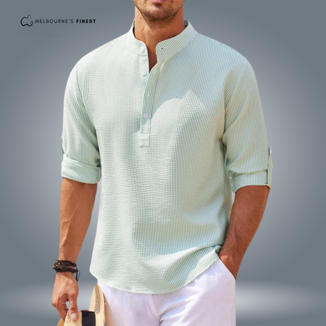 Men's textured shirt with mandarin collar, button placket and roll-up sleeves