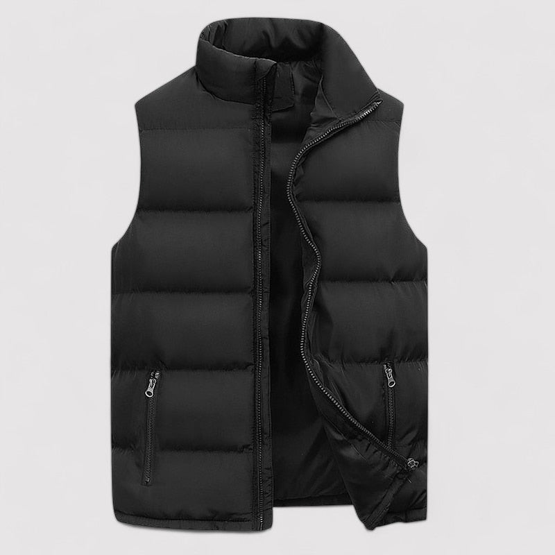 Men's sleeveless padded puffer gilet with high stand collar and two zipped pockets