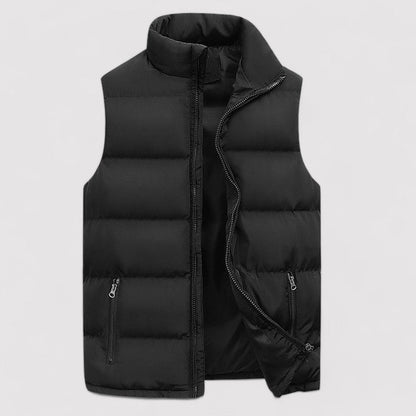 Men's sleeveless padded puffer gilet with high stand collar and two zipped pockets