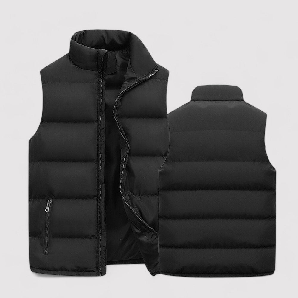 Men's sleeveless padded puffer gilet with high stand collar and two zipped pockets