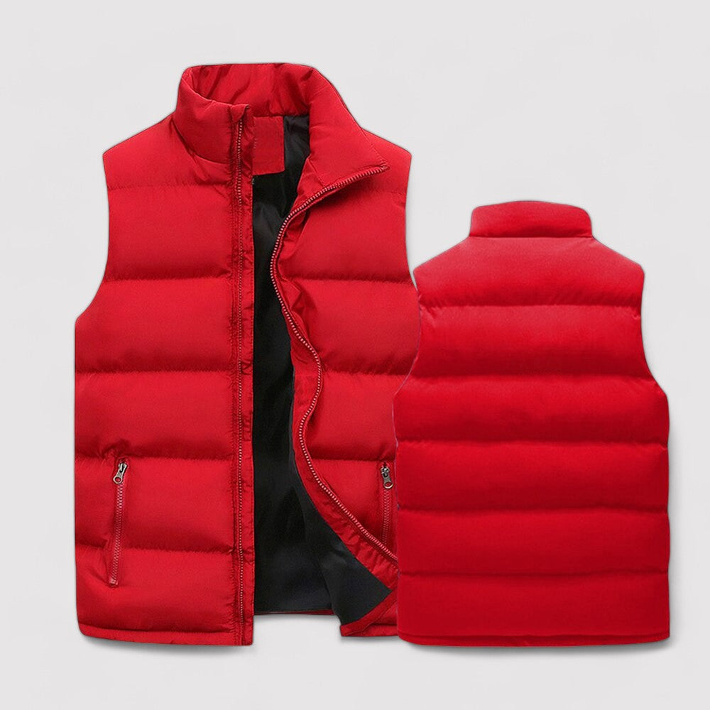 Men's sleeveless padded puffer gilet with high stand collar and two zipped pockets