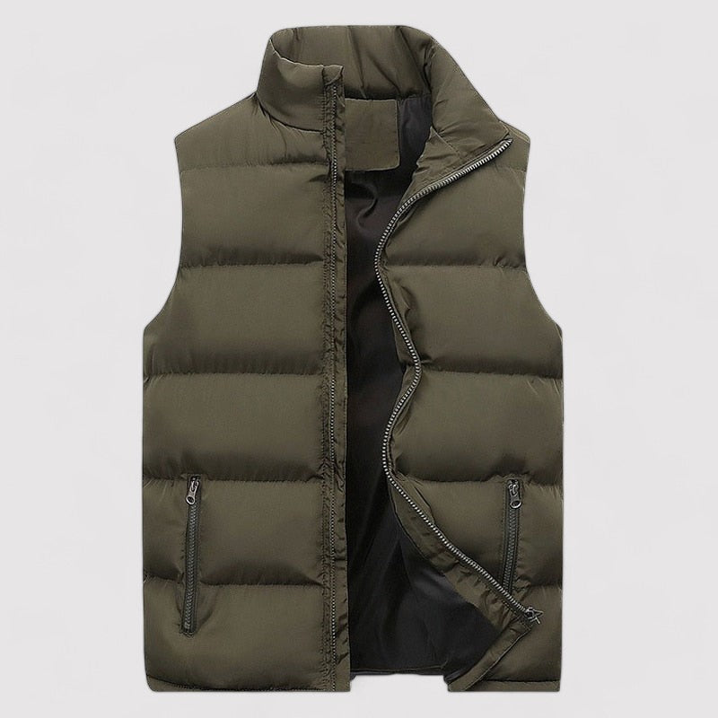 Men's sleeveless padded puffer gilet with high stand collar and two zipped pockets