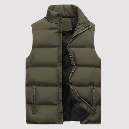 Men's sleeveless padded puffer gilet with high stand collar and two zipped pockets
