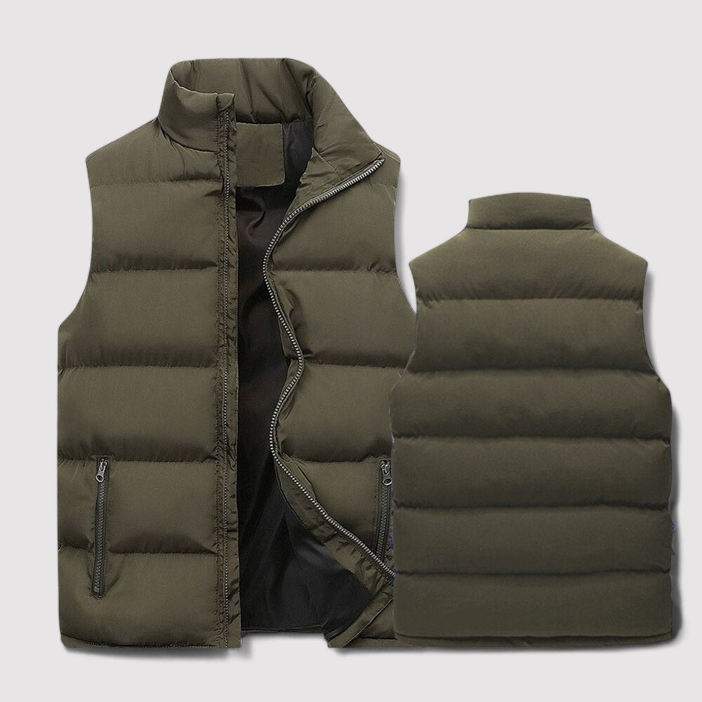 Men's sleeveless padded puffer gilet with high stand collar and two zipped pockets
