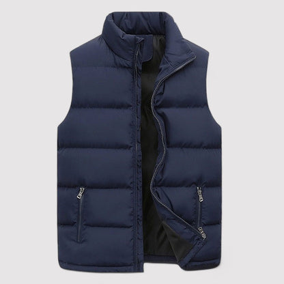 Men's sleeveless padded puffer gilet with high stand collar and two zipped pockets
