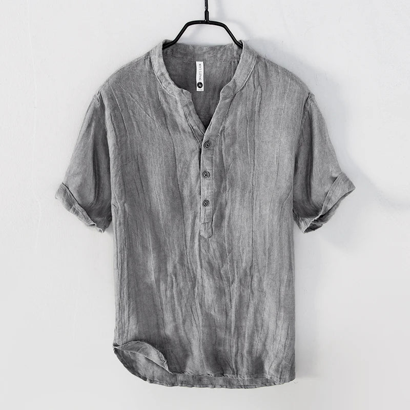 Men's Linen Shirt, Short Sleeve Breathable Button-Down Casual Summer Shirt with Stand Collar