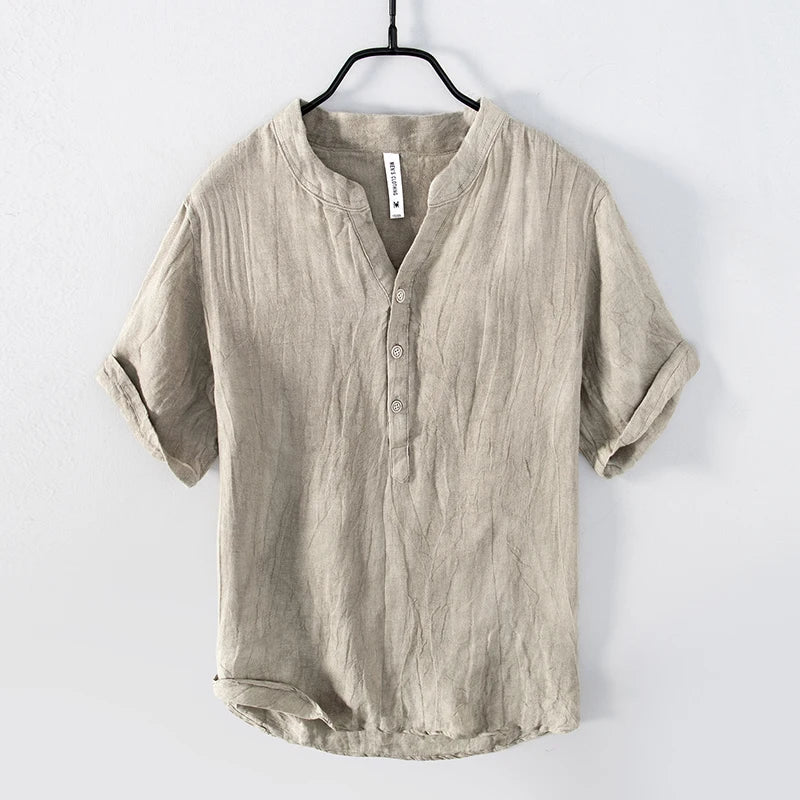 Men's Linen Shirt, Short Sleeve Breathable Button-Down Casual Summer Shirt with Stand Collar