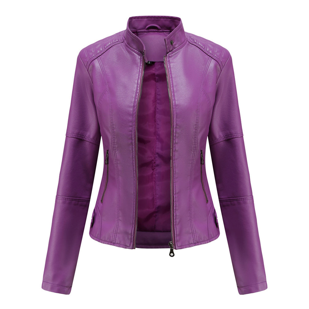 Women's tailored fitted leather jacket with zip front and stand collar