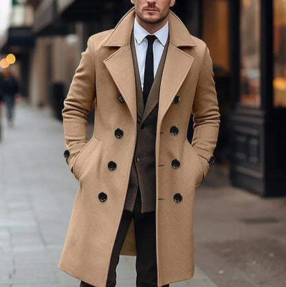Men's long double-breasted overcoat with notched lapels and buttoned cuffs