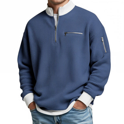 Men's textured half-zip jumper with stand collar and zipped pockets
